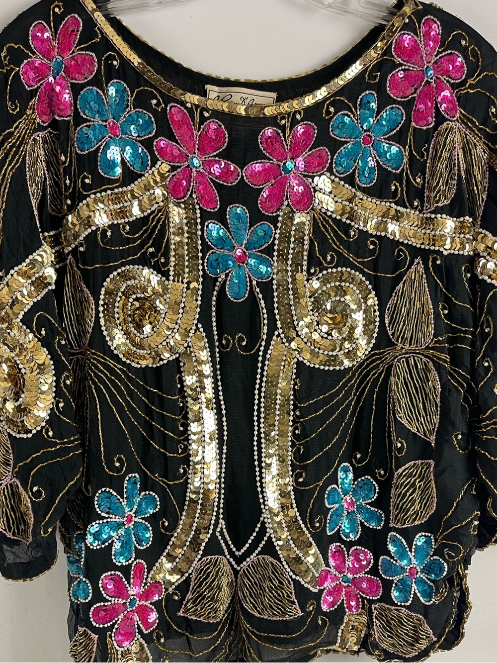 Chanson D Armour 100% Silk Blouse Women Size Large Vintage Sequin Details Top